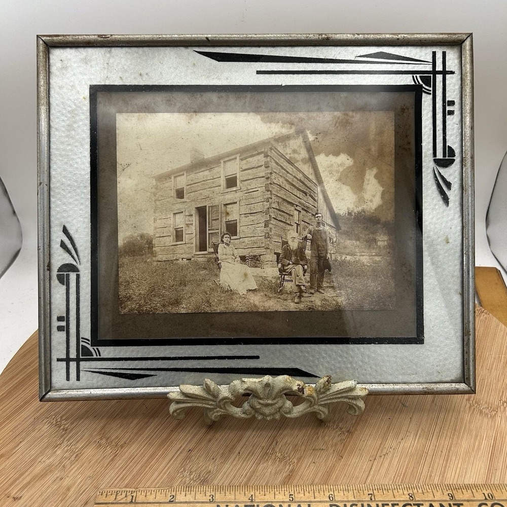 1870s Antique Cabin Photograph‎ Pioneer Family Log House Art Deco 1930s Frame
